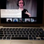 Image of 3 of 6 Panel members plus 2 Sign Language Interpreters and white box with black text of LIVE EVENT CAPTIONING ONLINE 